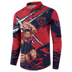 Melbourne Football Club Button Sweatshirt Demons Muscular Mascot Graphic - Abstract Paint Splatter Art