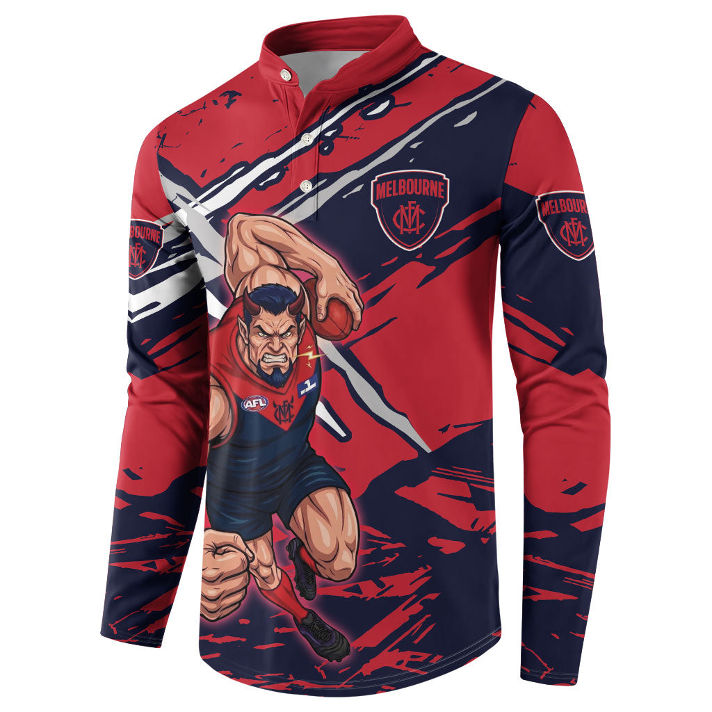 Melbourne Football Club Button Sweatshirt Demons Muscular Mascot Graphic - Abstract Paint Splatter Art