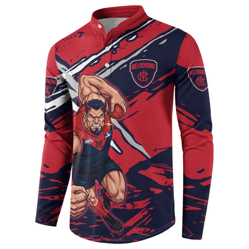Melbourne Football Club Button Sweatshirt Demons Muscular Mascot Graphic - Abstract Paint Splatter Art