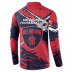 Melbourne Football Club Button Sweatshirt Demons Muscular Mascot Graphic - Abstract Paint Splatter Art