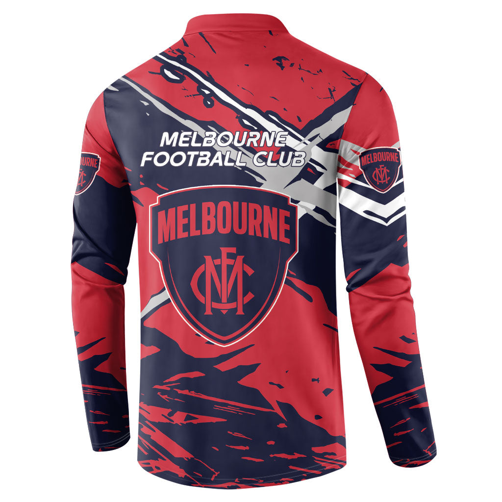 Melbourne Football Club Button Sweatshirt Demons Muscular Mascot Graphic - Abstract Paint Splatter Art