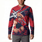 Melbourne Football Club Button Sweatshirt Demons Muscular Mascot Graphic - Abstract Paint Splatter Art