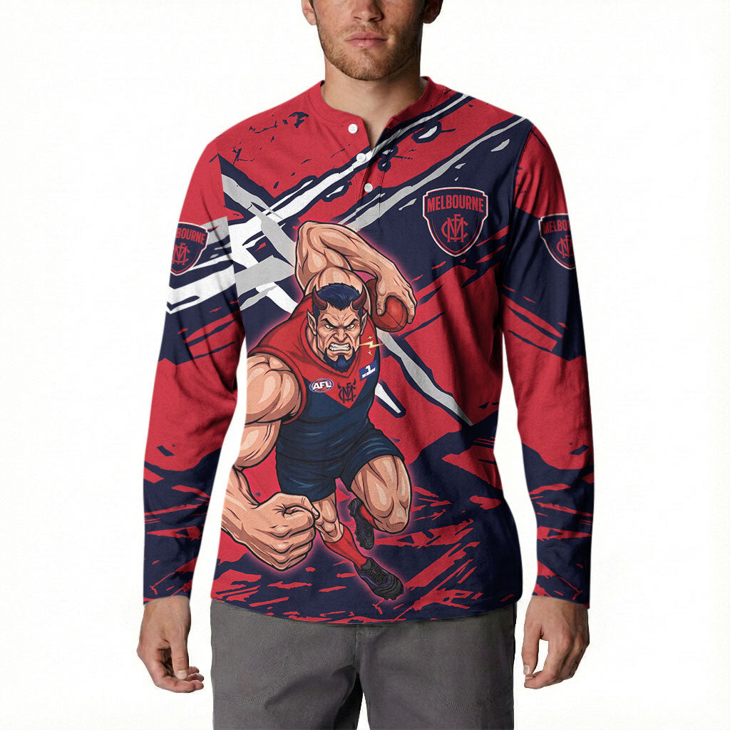 Melbourne Football Club Button Sweatshirt Demons Muscular Mascot Graphic - Abstract Paint Splatter Art