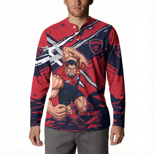 Melbourne Football Club Button Sweatshirt Demons Muscular Mascot Graphic - Abstract Paint Splatter Art