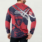 Melbourne Football Club Button Sweatshirt Demons Muscular Mascot Graphic - Abstract Paint Splatter Art