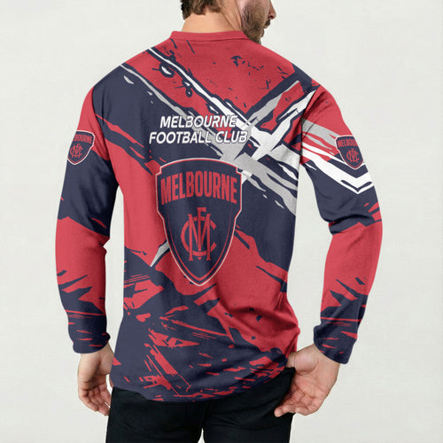 Melbourne Football Club Button Sweatshirt Demons Muscular Mascot Graphic - Abstract Paint Splatter Art