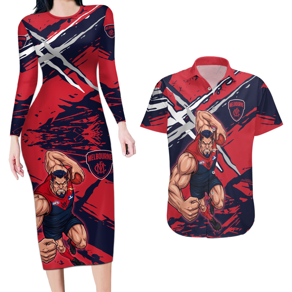 Melbourne Football Club Couples Matching Long Sleeve Bodycon Dress and Hawaiian Shirt Demons Muscular Mascot Graphic - Abstract Paint Splatter Art