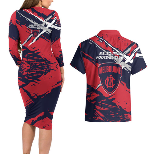 Melbourne Football Club Couples Matching Long Sleeve Bodycon Dress and Hawaiian Shirt Demons Muscular Mascot Graphic - Abstract Paint Splatter Art