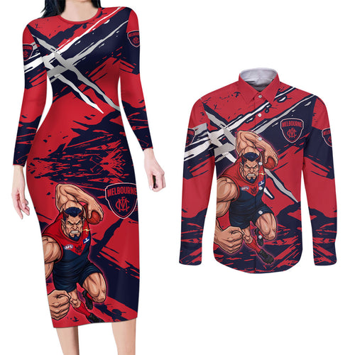 Melbourne Football Club Couples Matching Long Sleeve Bodycon Dress and Long Sleeve Button Shirt Demons Muscular Mascot Graphic - Abstract Paint Splatter Art