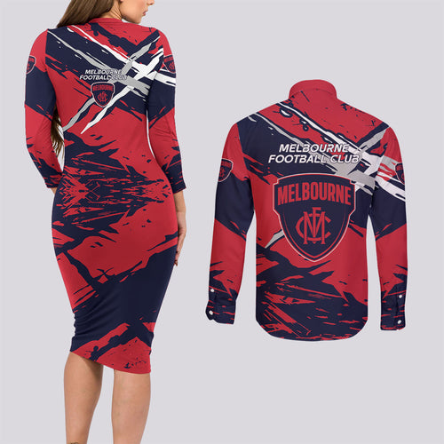 Melbourne Football Club Couples Matching Long Sleeve Bodycon Dress and Long Sleeve Button Shirt Demons Muscular Mascot Graphic - Abstract Paint Splatter Art