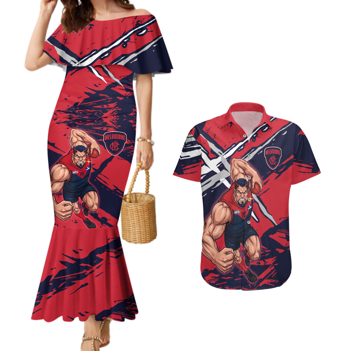 Melbourne Football Club Couples Matching Mermaid Dress and Hawaiian Shirt Demons Muscular Mascot Graphic - Abstract Paint Splatter Art