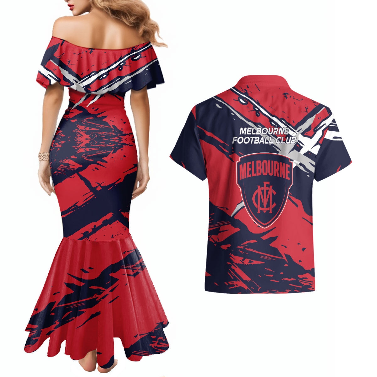 Melbourne Football Club Couples Matching Mermaid Dress and Hawaiian Shirt Demons Muscular Mascot Graphic - Abstract Paint Splatter Art