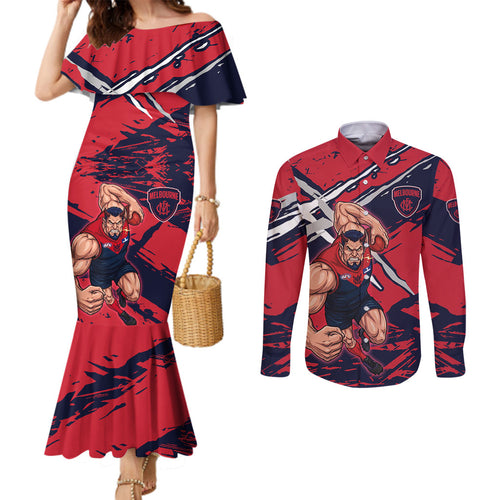 Melbourne Football Club Couples Matching Mermaid Dress and Long Sleeve Button Shirt Demons Muscular Mascot Graphic - Abstract Paint Splatter Art