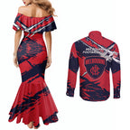Melbourne Football Club Couples Matching Mermaid Dress and Long Sleeve Button Shirt Demons Muscular Mascot Graphic - Abstract Paint Splatter Art