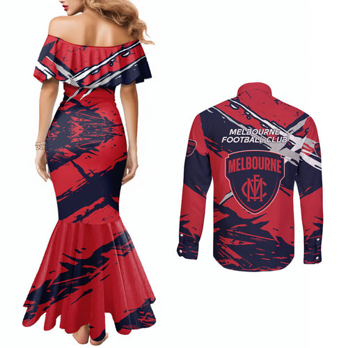 Melbourne Football Club Couples Matching Mermaid Dress and Long Sleeve Button Shirt Demons Muscular Mascot Graphic - Abstract Paint Splatter Art