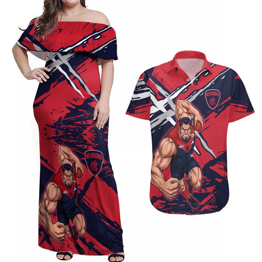 Melbourne Football Club Couples Matching Off Shoulder Maxi Dress and Hawaiian Shirt Demons Muscular Mascot Graphic - Abstract Paint Splatter Art