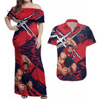 Melbourne Football Club Couples Matching Off Shoulder Maxi Dress and Hawaiian Shirt Demons Muscular Mascot Graphic - Abstract Paint Splatter Art