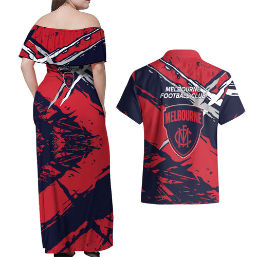 Melbourne Football Club Couples Matching Off Shoulder Maxi Dress and Hawaiian Shirt Demons Muscular Mascot Graphic - Abstract Paint Splatter Art