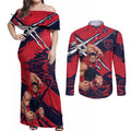 Melbourne Football Club Couples Matching Off Shoulder Maxi Dress and Long Sleeve Button Shirt Demons Muscular Mascot Graphic - Abstract Paint Splatter Art