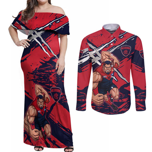 Melbourne Football Club Couples Matching Off Shoulder Maxi Dress and Long Sleeve Button Shirt Demons Muscular Mascot Graphic - Abstract Paint Splatter Art