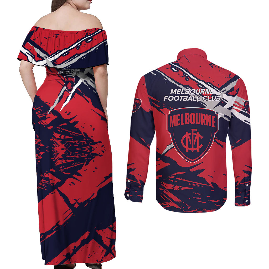 Melbourne Football Club Couples Matching Off Shoulder Maxi Dress and Long Sleeve Button Shirt Demons Muscular Mascot Graphic - Abstract Paint Splatter Art