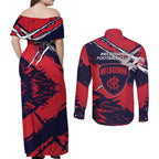 Melbourne Football Club Couples Matching Off Shoulder Maxi Dress and Long Sleeve Button Shirt Demons Muscular Mascot Graphic - Abstract Paint Splatter Art