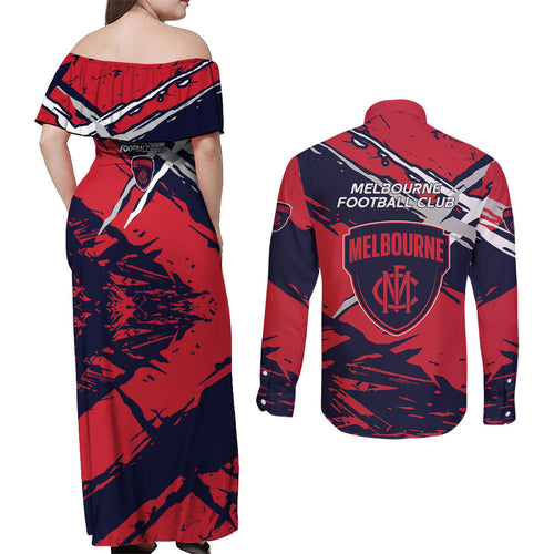 Melbourne Football Club Couples Matching Off Shoulder Maxi Dress and Long Sleeve Button Shirt Demons Muscular Mascot Graphic - Abstract Paint Splatter Art