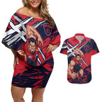 Melbourne Football Club Couples Matching Off Shoulder Short Dress and Hawaiian Shirt Demons Muscular Mascot Graphic - Abstract Paint Splatter Art