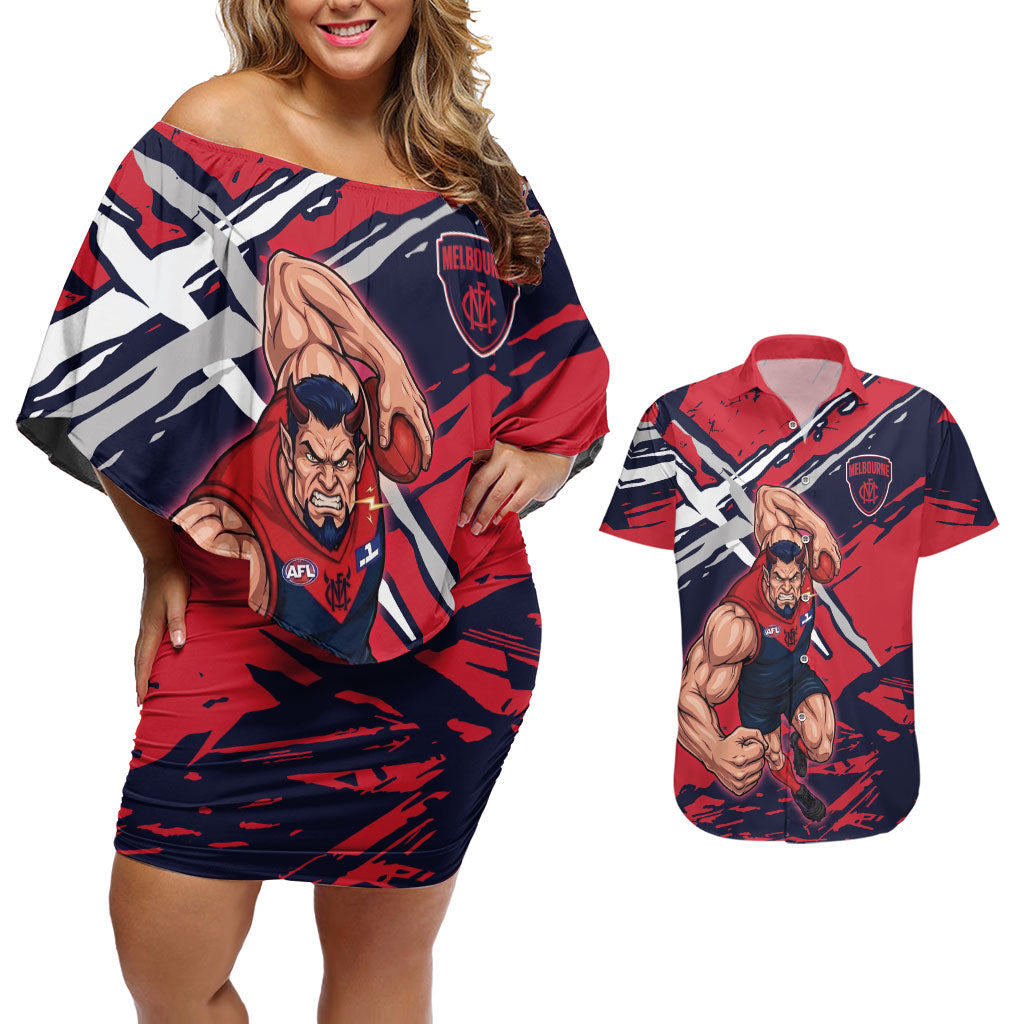 Melbourne Football Club Couples Matching Off Shoulder Short Dress and Hawaiian Shirt Demons Muscular Mascot Graphic - Abstract Paint Splatter Art