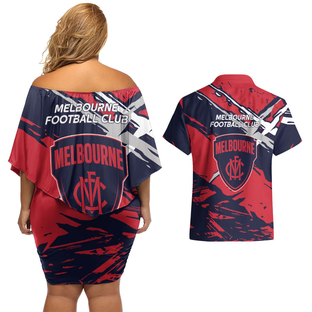 Melbourne Football Club Couples Matching Off Shoulder Short Dress and Hawaiian Shirt Demons Muscular Mascot Graphic - Abstract Paint Splatter Art