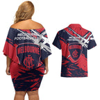 Melbourne Football Club Couples Matching Off Shoulder Short Dress and Hawaiian Shirt Demons Muscular Mascot Graphic - Abstract Paint Splatter Art