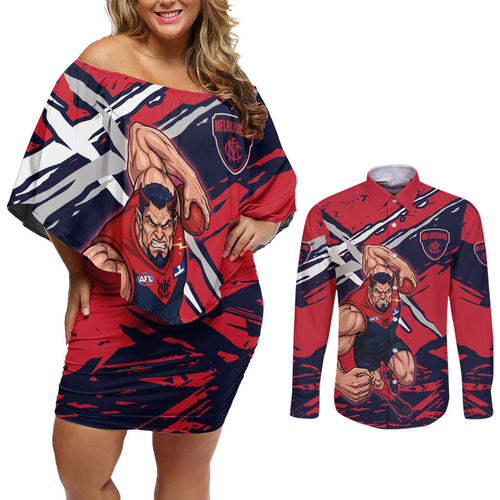 Melbourne Football Club Couples Matching Off Shoulder Short Dress and Long Sleeve Button Shirt Demons Muscular Mascot Graphic - Abstract Paint Splatter Art