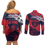 Melbourne Football Club Couples Matching Off Shoulder Short Dress and Long Sleeve Button Shirt Demons Muscular Mascot Graphic - Abstract Paint Splatter Art