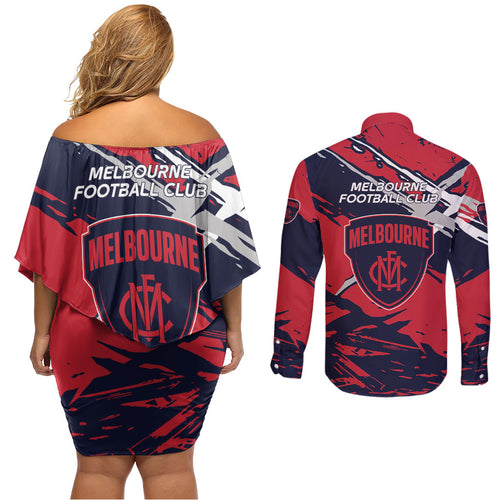 Melbourne Football Club Couples Matching Off Shoulder Short Dress and Long Sleeve Button Shirt Demons Muscular Mascot Graphic - Abstract Paint Splatter Art