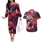 Melbourne Football Club Couples Matching Off The Shoulder Long Sleeve Dress and Hawaiian Shirt Demons Muscular Mascot Graphic - Abstract Paint Splatter Art