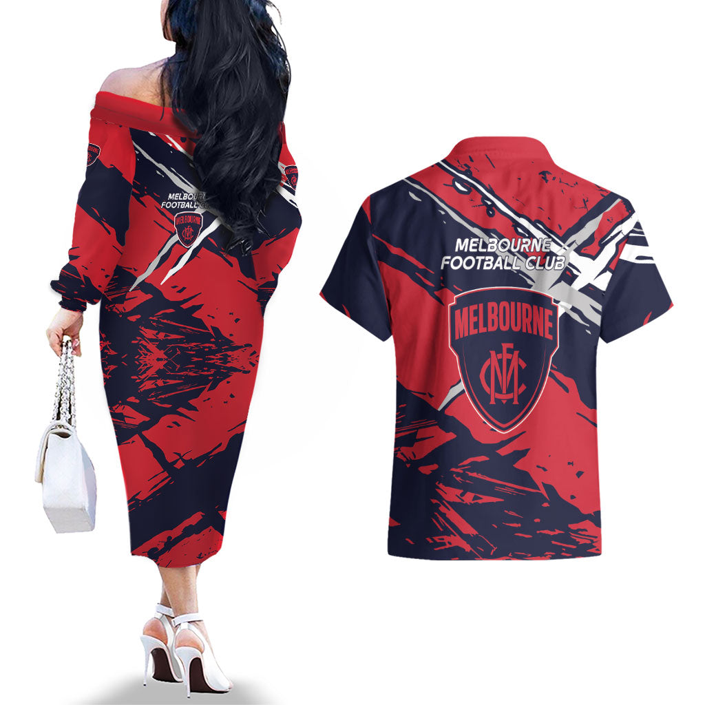 Melbourne Football Club Couples Matching Off The Shoulder Long Sleeve Dress and Hawaiian Shirt Demons Muscular Mascot Graphic - Abstract Paint Splatter Art