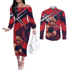 Melbourne Football Club Couples Matching Off The Shoulder Long Sleeve Dress and Long Sleeve Button Shirt Demons Muscular Mascot Graphic - Abstract Paint Splatter Art