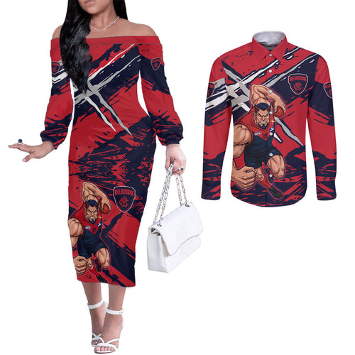 Melbourne Football Club Couples Matching Off The Shoulder Long Sleeve Dress and Long Sleeve Button Shirt Demons Muscular Mascot Graphic - Abstract Paint Splatter Art