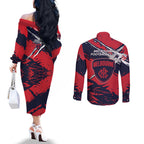 Melbourne Football Club Couples Matching Off The Shoulder Long Sleeve Dress and Long Sleeve Button Shirt Demons Muscular Mascot Graphic - Abstract Paint Splatter Art