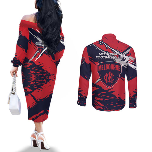Melbourne Football Club Couples Matching Off The Shoulder Long Sleeve Dress and Long Sleeve Button Shirt Demons Muscular Mascot Graphic - Abstract Paint Splatter Art