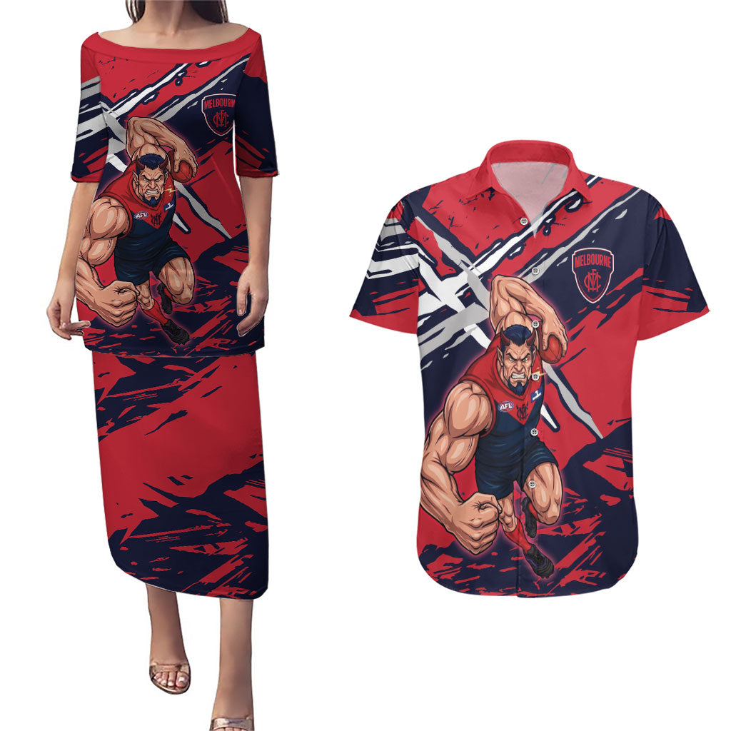 Melbourne Football Club Couples Matching Puletasi and Hawaiian Shirt Demons Muscular Mascot Graphic - Abstract Paint Splatter Art