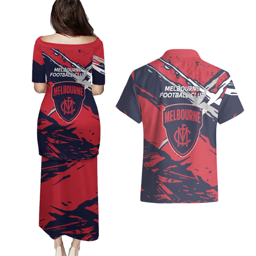 Melbourne Football Club Couples Matching Puletasi and Hawaiian Shirt Demons Muscular Mascot Graphic - Abstract Paint Splatter Art