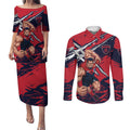 Melbourne Football Club Couples Matching Puletasi and Long Sleeve Button Shirt Demons Muscular Mascot Graphic - Abstract Paint Splatter Art