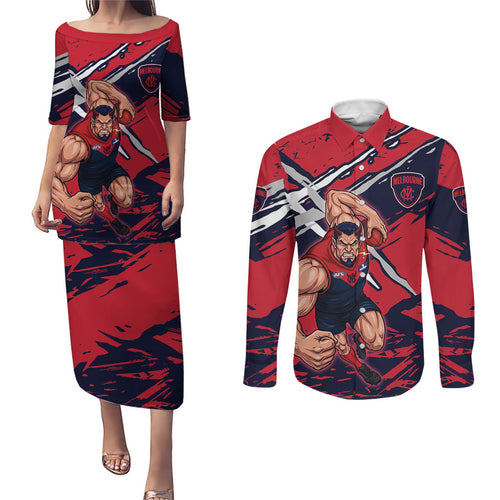 Melbourne Football Club Couples Matching Puletasi and Long Sleeve Button Shirt Demons Muscular Mascot Graphic - Abstract Paint Splatter Art