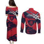 Melbourne Football Club Couples Matching Puletasi and Long Sleeve Button Shirt Demons Muscular Mascot Graphic - Abstract Paint Splatter Art