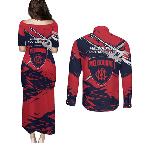 Melbourne Football Club Couples Matching Puletasi and Long Sleeve Button Shirt Demons Muscular Mascot Graphic - Abstract Paint Splatter Art