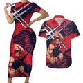 Melbourne Football Club Couples Matching Short Sleeve Bodycon Dress and Hawaiian Shirt Demons Muscular Mascot Graphic - Abstract Paint Splatter Art