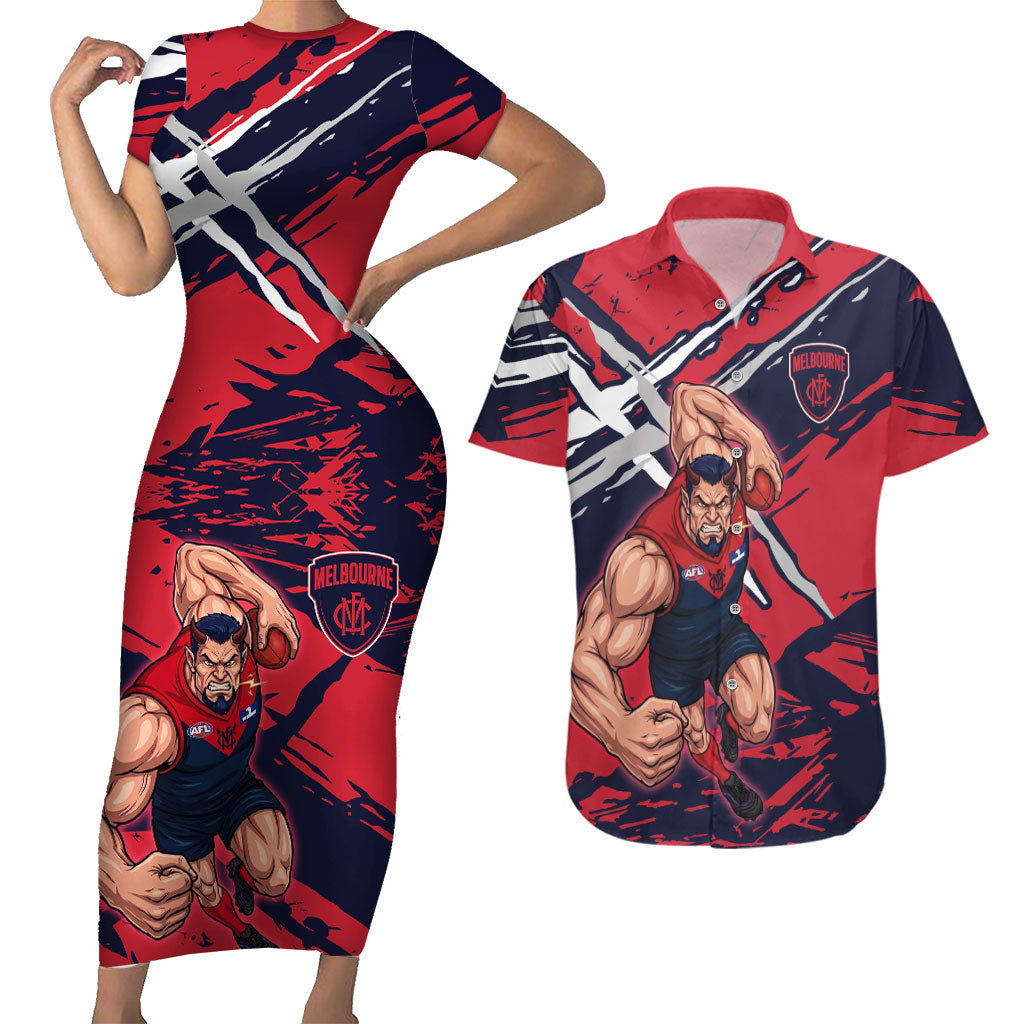 Melbourne Football Club Couples Matching Short Sleeve Bodycon Dress and Hawaiian Shirt Demons Muscular Mascot Graphic - Abstract Paint Splatter Art