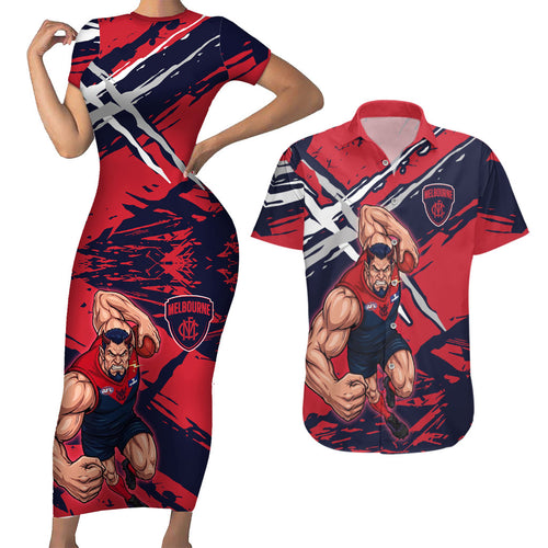 Melbourne Football Club Couples Matching Short Sleeve Bodycon Dress and Hawaiian Shirt Demons Muscular Mascot Graphic - Abstract Paint Splatter Art
