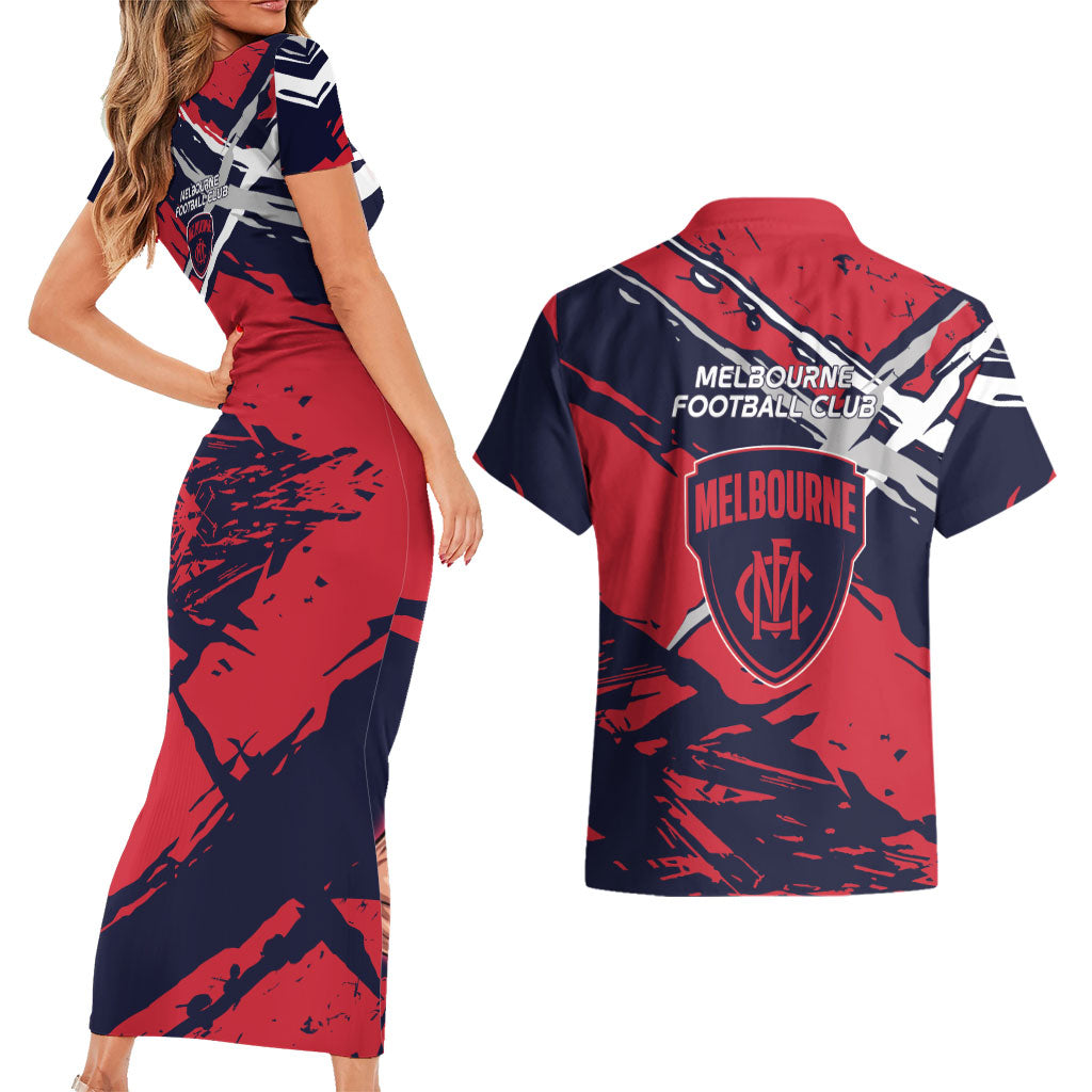 Melbourne Football Club Couples Matching Short Sleeve Bodycon Dress and Hawaiian Shirt Demons Muscular Mascot Graphic - Abstract Paint Splatter Art